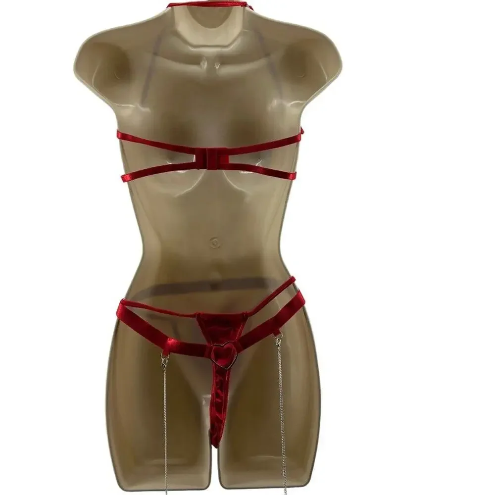 Womens Red Hot Sexy Lingerie Naughty Play Set 3 Pcs Sleepwear Lace Medium